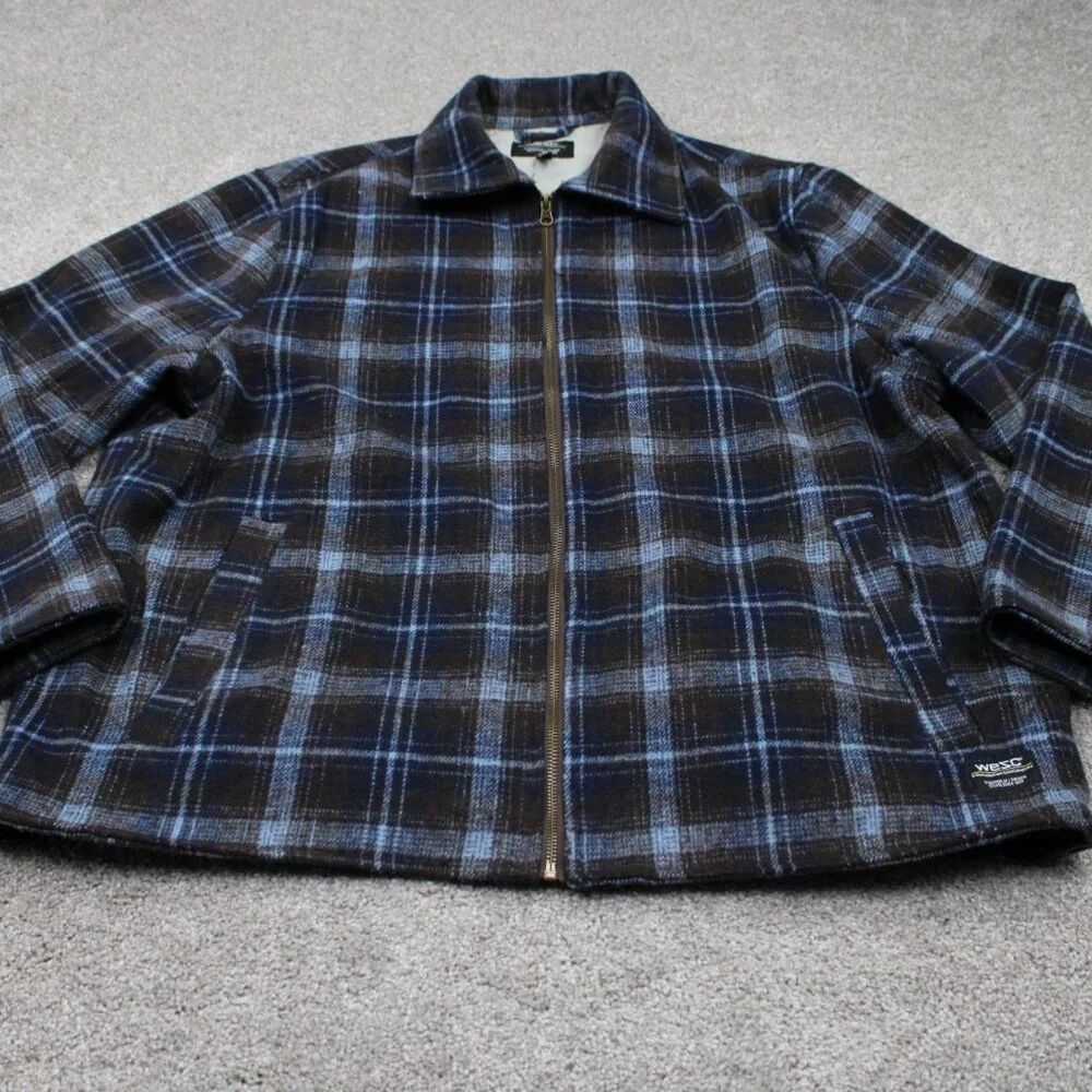 WeSC Flannel Shirt Jacket Mens 2XL Womens 3XL Blue/Brown Plaid Lined L/S Button - Picture 2 of 13